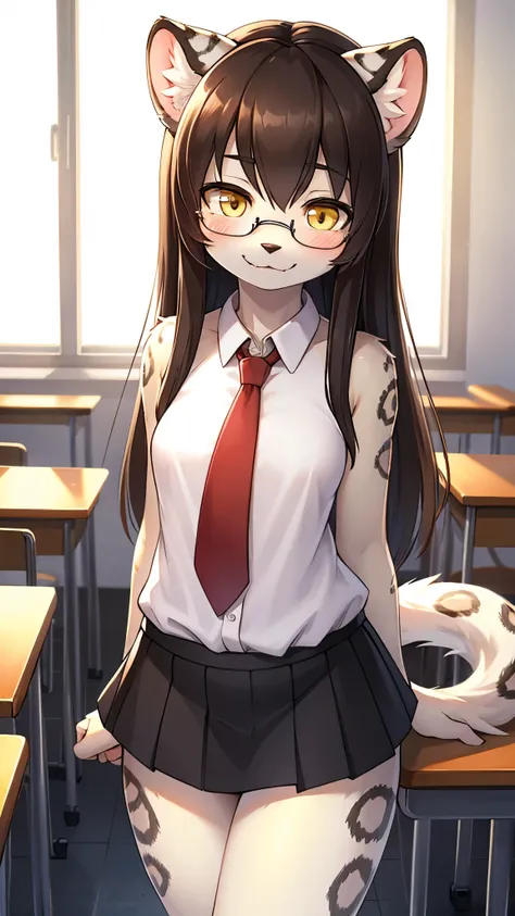 snow leopard girl,yellow eyes,dark brown long hair,white leopard ears,white leopard tail,black leopard print,beige fur,white shirt,sleeveless,red necktie,dark blue mini skirt,glasses,classroom,morning,white sunlight,looking at viewer,shy face,smile,fangs,f...