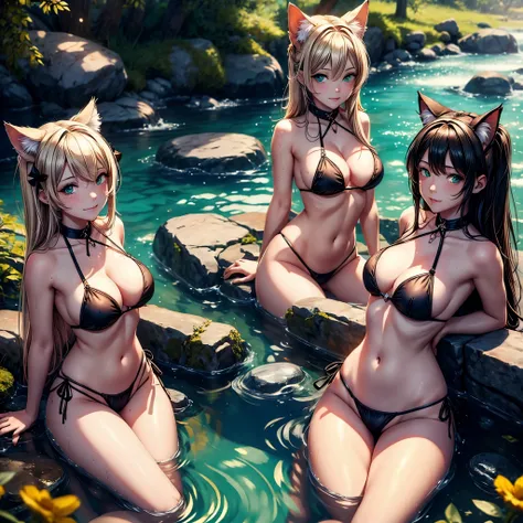 Darkness, 2 girls ,1 girl from behind, big round butt, blond hair, blond catgirl ears, catgirls, green eyes, sitting ,posing, beautiful, detailed skin, hour glass figure, revealing clothing, jewelry, collar, thong bikini, (transparent clothing), detailed h...