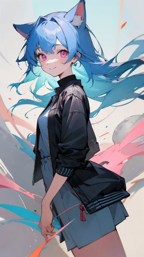 Portrait of one person、16 year old girl、riders jacket、casual style、small breasts、light blue hair、dog ears、pink eyes、smile, impression, (oil), Blue and orange tones