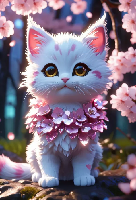 Side view, supersaturation, colorfully, fairy tale, dream-like, cinematic character rendering, oil, 3D, 8K resolution, sequins, Sparkling, cherry blossom forest, moonlight, Closeup portrait of adorable chibi cute anthropomorphic kitten king, fine eyes, lar...