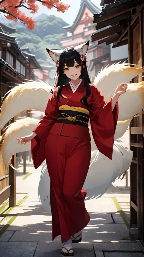 (masterpiece, best_quality, ultra-detailed, immaculate:1.3), portrait, upper body, detailed face, detailed hands, ((1girl:1.35)), epic, ((kitsune, (9 tailed fox:1.35), foxgirl, japanese spirit)), cute beautiful ideal japanese girl, ((beautiful red kimono))...