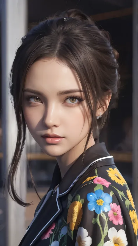 (best quality,8k,ultra-detailed:1.2),gorgeous detailed eyes,beautiful long black hair,unique eye color,pocket hands,gazing at others,digital painting,anatomically correct,makoto shinkai style,colorful floral patterned jacket,concept art,vivid imagery.