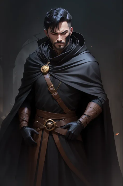 (man) (black short hair, stylish hairstyle), in (black cloak) and mask, ((hand in black glove)), inquisitor, evil male sorcerer,...