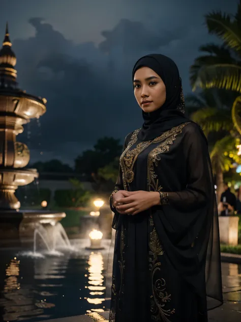 A handsome Indonesian young man is taking a photo together with a 22 year old Indonesian hijab wearing woman posing in front of a fountain at night, best quality, realistic, photorealistic, (intricate detail: 1.2), (fine detail), (light cinematic), clear l...