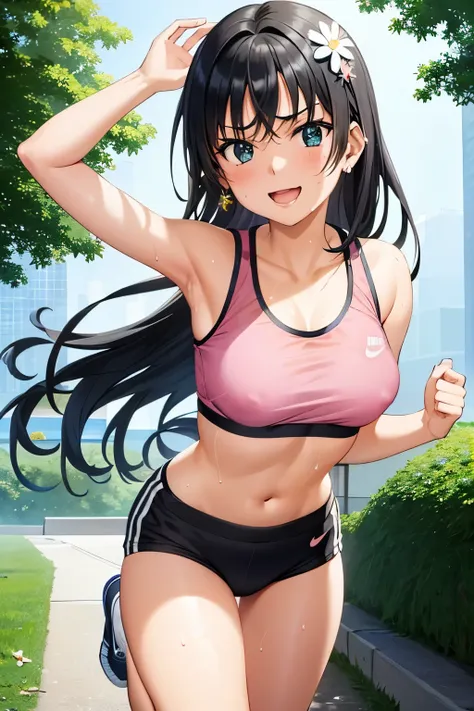 saten_ruiko, 1girl,18yo,black long hair,hair ornament, flower ornament,perfect hands, perfect anatomy,masterpiece, best quality,realistic, hyperrealistic, 16k hdr,earrings,(nike pink sports bra top:1.4),(sexy yoga short pants:1.3),, outdoors,blue sky,stron...