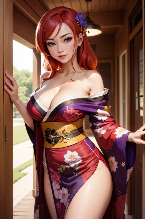 (Masterpiece, Best Quality, High Quality),((upper body)),Nishikino maki, Red hair, purple eyes, illustration, beautiful, (sexy kimono),Obi, off shoulder, thighs,big breasts, cleavage, looking at viewer,seductive smile, blushing, outdoors