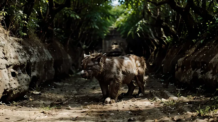 Um vale com muitas arvores, animais estra terreno ao fundo