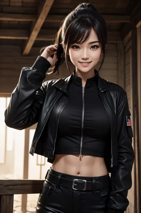 8k,sisters,super beautiful(like the real thing),My sister is cool and short with very big breasts.,lean muscular body,sexy,Crisp narrow eyes,black eye,cool smile,black long perm,blue combat jacket,black shirt,black combat pants,short,cool smile,compensate,...