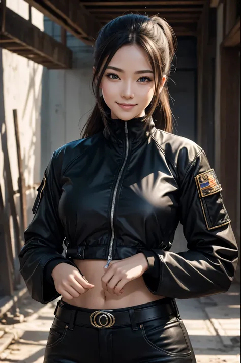 8k,sisters,super beautiful(like the real thing),My sister is cool and short with very big breasts.,lean muscular body,sexy,Crisp narrow eyes,black eye,cool smile,black long perm,blue combat jacket,black shirt,black combat pants,short,cool smile,compensate,...