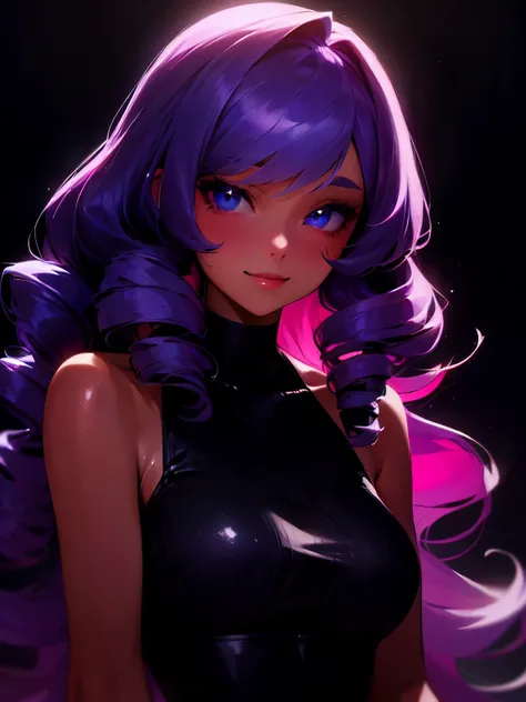 A portrait of a mature woman with very long PURPLE wavy hair and drill curls, side-swept bangs, blue eyes, ligh tanned skin, confident smile, wearing a black party dress, inside of a nightclub in the city, nighttime.