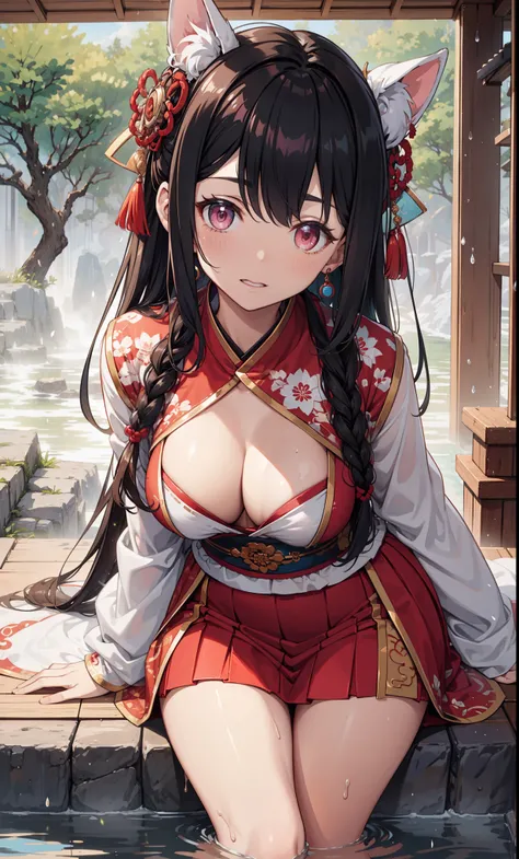 top quality，best resolution，Various combinations of Hanfu，transparent long skirt，Transparent long sleeve chest，super detailed, She has long curly black hair，20 year old girl，pink eyes，she has earrings,  she has plump lips, Chinese hair accessories，imagine，...