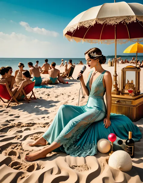 Vintage photography style, art deco style，best quality,8k,high resolution,super detailed，super clear，,creative style artwork,classical，（Many fashionable boys and girls partying on the beach），（Warm and lively  atmosphere），beautiful singer，（floor standing mi...