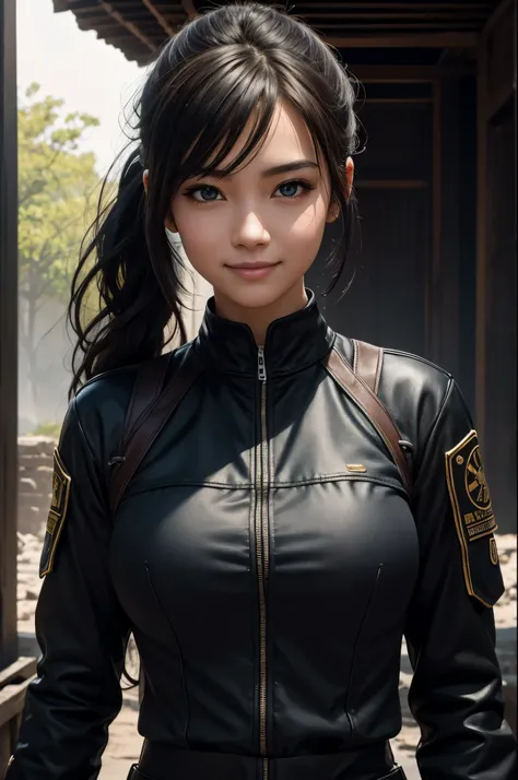 8k,sisters,super beautiful(like the real thing),My sister is cool and short with very big breasts.,lean muscular body,sexy,Crisp narrow eyes,black eye,cool smile,black long perm,blue combat jacket,black shirt,black combat pants,short,cool smile,compensate,...