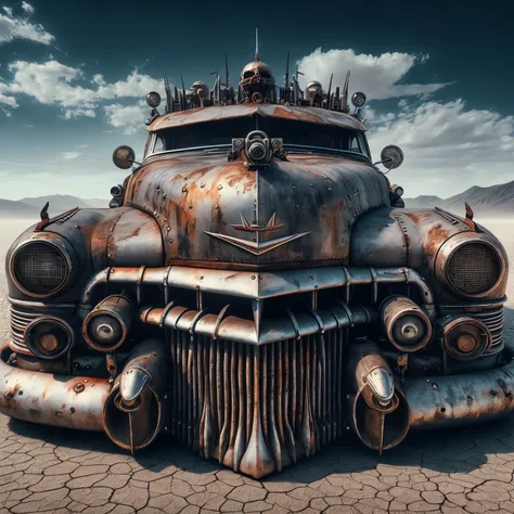 rusty old car with spikes and spikes on the hood, carro steampunk, dramatic art, estilo de arte dieselpunk, apocalyptic road war...