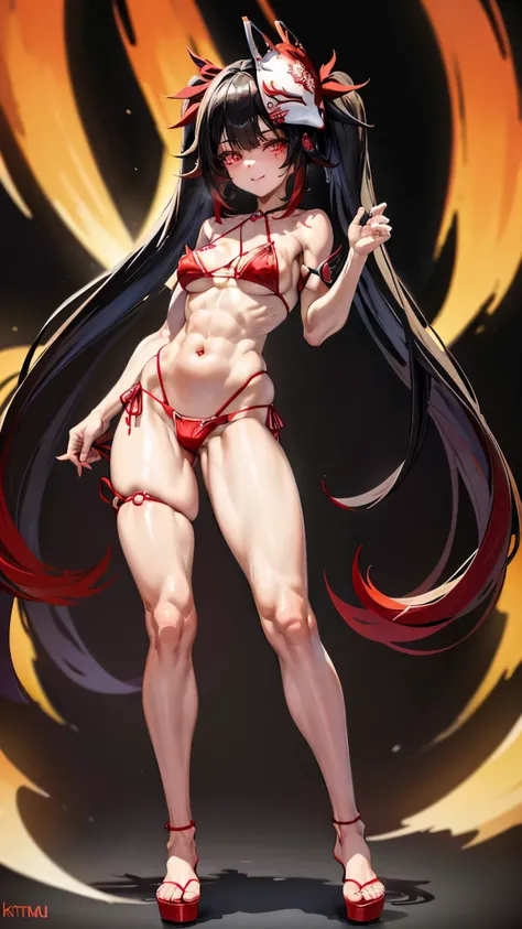 Face: Art style, Anime style color: Predominantly red with black and white contrasts, Eye color: bright crimson red, with luminous reflections. Hair Color Black with red highlights, Hairstyle: Long with twintails, adorned with traditional red and gold hair...