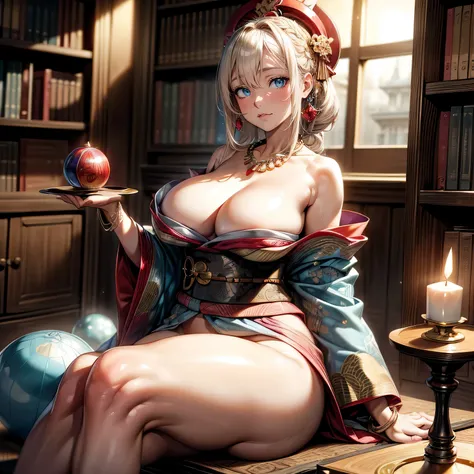 masterpiece, highest quality, (((ソロmature womanジャネット))), (((platinum blonde hair))), long braided ponytail, (((wide hips))), (((light blue eyes))), lip whole, enchanting smile, cleavage, Sit on a wooden throne, (((bookshelf, candle))) sunset, blush, , "Bea...