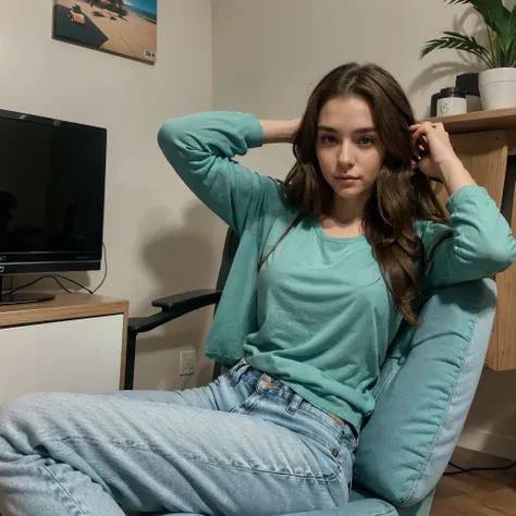 25 year old white slender woman with , She has long curly wavy brown hair, small, thin lips, cejas gruesas y naturales, Slightly wide jaw, , Shes sitting relaxed in a gaming chair in her room, His hands are between his closed legs, He wears blue long jeans...