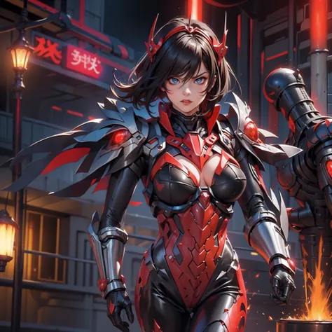 (Masterpiece,Best quality: 1.2),(Ultra-detailed face),(no head gear),Her armor glows red，Neon city lights dance on mechanical surfaces. Complex cybernetics gives her motor power with inhuman speed and force. She silently strode through the lower level, The...