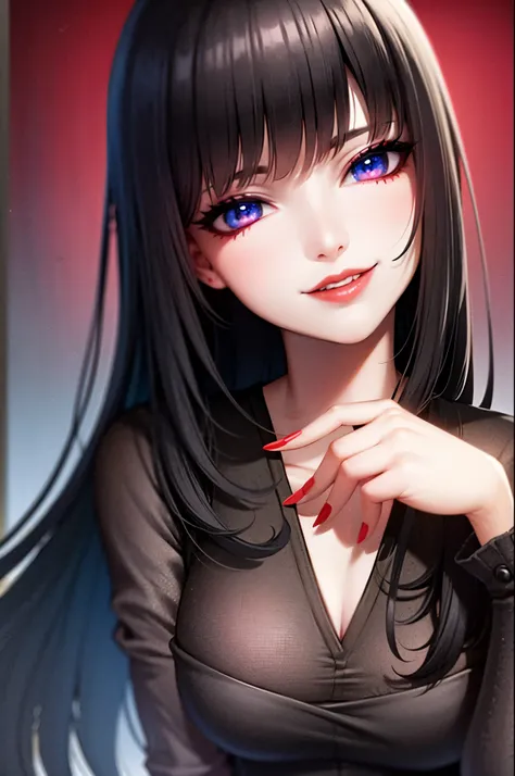 girl, smile, goth make up, black hair, portrait, devil smile, blue eyes, red lips