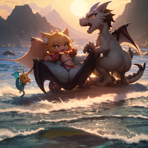 a group of tiny cat like dragons has a cartoonish beach party full of comedy antics, moonlit beach