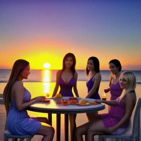 Five beautiful busty women wearing resort dresses are sitting on chairs by the seaside, enjoying a beach party. On the table are delicious-looking food, colorful cocktails, and sparkling wine.。beautiful sunset sky. The sun is sinking into the sea. 