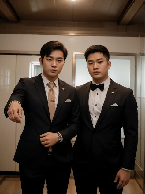 A handsome 27 year old Korean young man and a fat 27 year old Indonesian young man wearing a suit are taking a photo together.