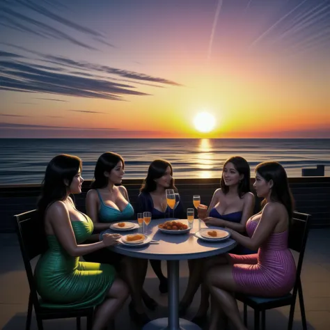 Five beautiful busty women wearing resort dresses are sitting on chairs by the seaside, enjoying a beach party. On the table are delicious-looking food, colorful cocktails, and sparkling wine.。beautiful sunset sky. The sun is sinking into the sea. 