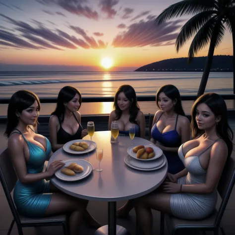 Five beautiful busty women wearing resort dresses are sitting on chairs by the seaside, enjoying a beach party. On the table are delicious-looking food, colorful cocktails, and sparkling wine.。beautiful sunset sky. The sun is sinking into the sea. 