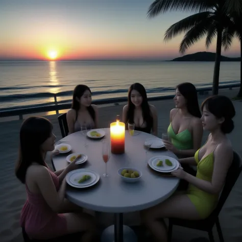 Five beautiful busty women wearing resort dresses are sitting on chairs by the seaside, enjoying a beach party. On the table are delicious-looking food, colorful cocktails, and sparkling wine.。beautiful sunset sky. The sun is sinking into the sea. 