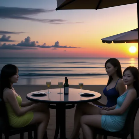 five beautiful busty women wearing resort dresses are sitting on chairs by the seaside, enjoying a beach party. on the table are...