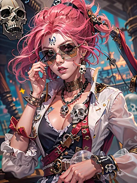 official art，unity 8k wallpaper，Super detailed，Works by stars of the beauty and esthetics industry，highest quality，（and colorful graffiti walls），1 girl，pink hair，green eyes，very detailed，dynamic angle，Pirate Shots，the most beautiful form of chaos，elegant，b...