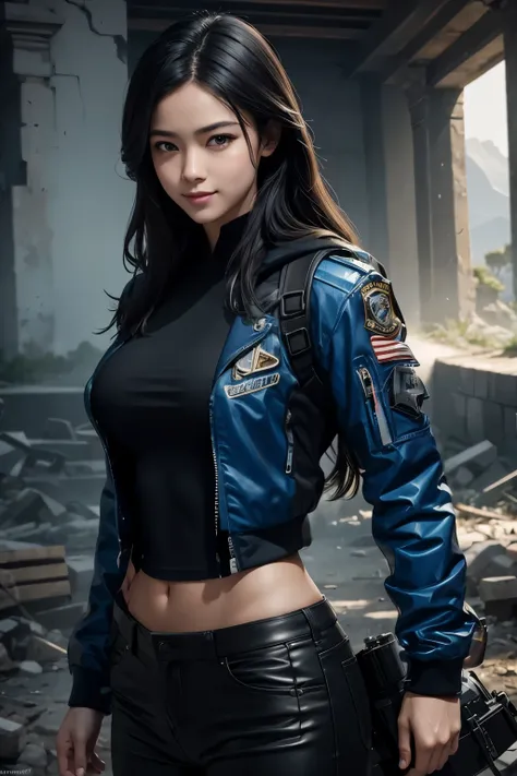 8k,sisters,super beautiful(like the real thing),My sister is cool and short with very big breasts.,lean muscular body,sexy,Crisp narrow eyes,black eye,cool smile,black long perm,blue combat jacket,black shirt,black combat pants,short,cool smile,compensate,...