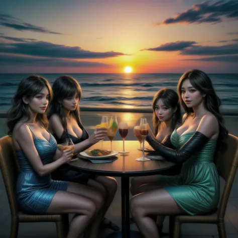 Five beautiful busty women wearing resort dresses are sitting on chairs by the seaside, enjoying a beach party. On the table are delicious-looking food, colorful cocktails, and sparkling wine.。beautiful sunset sky. The sun is sinking into the sea. 