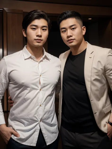 A handsome 27 year old Korean young man wearing a shirt with a fat 27 year old Indonesian young man wearing a suit are taking a photo together.