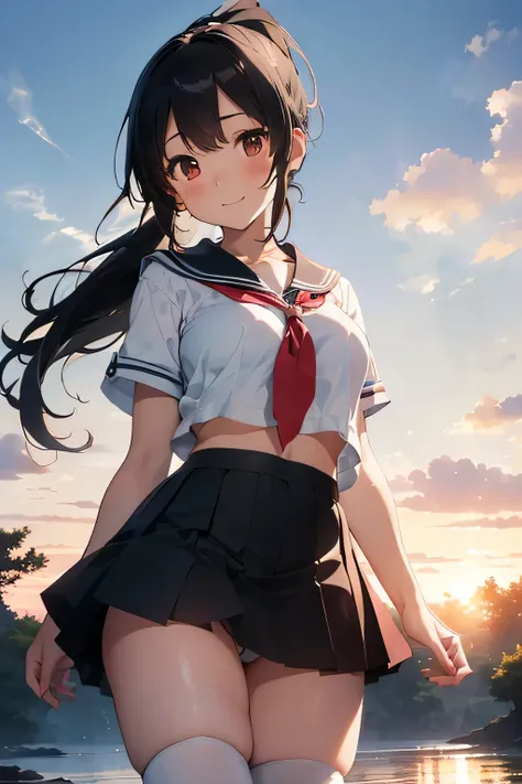 ((highest quality, 4k, masterpiece: 1.3)), (1 person: 1.4), 1 girl, ((lift the skirt with both hands)),((lift the skirt yourself)), ((Low - Angle)),((View from quite below)),((Angle from the front)),japanese woman, Beautiful big breasts Ideal beautiful big...