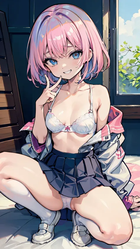 (8K、Highest image quality、highest quality、masterpiece)、detailed face、((one ))、pink hair、short hair、light blue eyes、evil smile、((grin))、small breasts、((unbuttoned white shirt))、undressing、((white bra))、((black pleated skirt))、((miniskirt))、((white panties))...