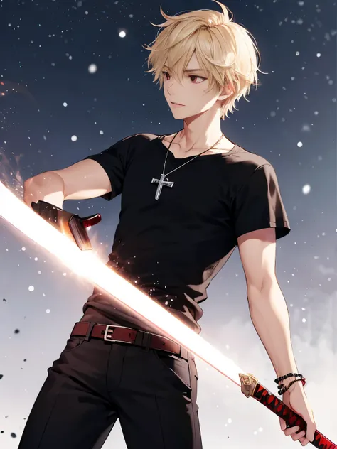 1 boy,solo,20 years old,guy,Holding a sword,Swinging the sword ,looking away,close up photo, at the north pole, its snowing,,cross necklace,handsome,messy hair,Perfect face, short hair, blonde hair,black t-shirt, Plain t-shirt,black t-shirt,short sleeve t-...