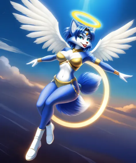 Krystal from Starfox as an angel, halo, white feathered soft wings, red lipstick, 1980’s cartoon, flying, flapping