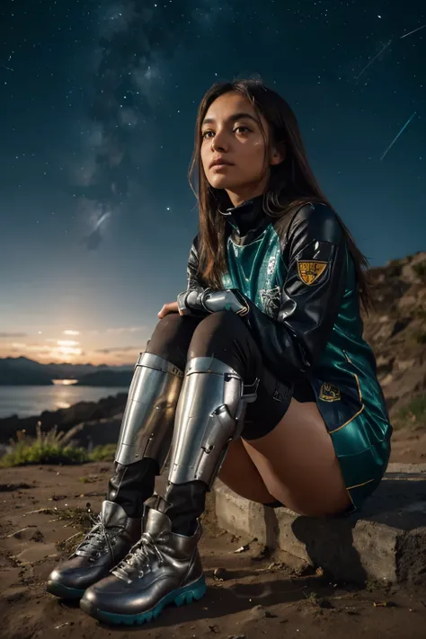 uma linda garota de 20 anos, half robot, with a bionic eye, cabelo verde e azul, an athletic body, vestido de preto, saia curta justa, um branco, regata curta e colete vermelho aberto, looking at the sky with a lulled look, sitting with a Bengal tiger stan...