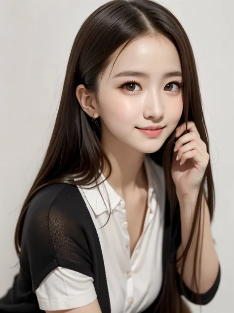 masterpiece, best quality, 8k, upper body, pale pink shirt, black pencil-skirt, kheehigh-boots, break, 18 years old, anna_girl, semi long hair, wavy hair, looking at viewer, smile, ultra realistic photography, sharp focus, face light, dynamic lighting, bre...