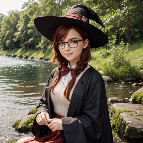 Short, Red hair, green eyes, smiling witch 15 years old wearing metal-framed glasses, wearing a pointed hat sits on the river bank