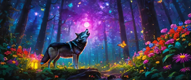  The wolf eats chocolate, A mysterious forest full of colorful flowers and sparkling fireflies, artistic work