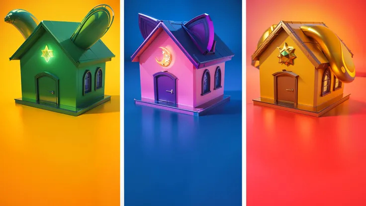 three houses of different colors with a star on the roof, Colorful House, 3D icon for mobile game, cinema 4d colorful rendering, Colorful Warcraft Architecture, house background, 3D renderings, stylized 3d render, stylized 3D rendering, 3D rendering styliz...