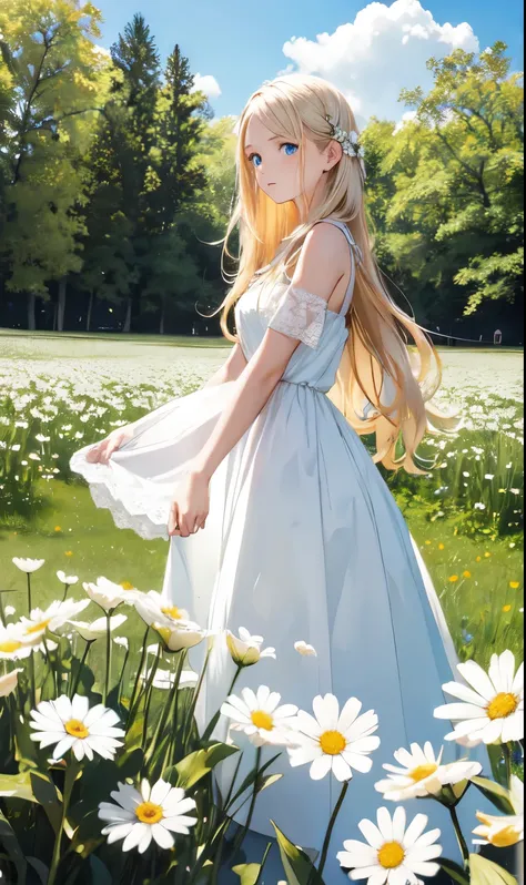 1 girl,in a field of blooming flowers,white flower,looking at the audience,blue eyes,blonde hair,daisy,long hair,pure white dress,