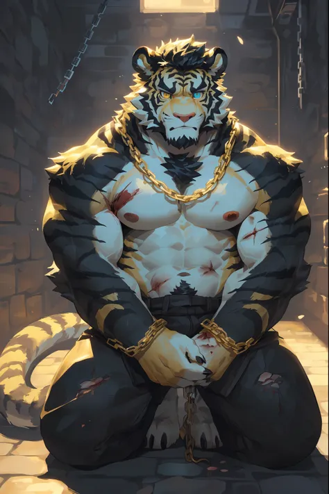 (Chained in a dungeon:1.5),(Wearing tattered ancient costumes:1.5),king,16k high quality detailed art,(Golden Tiger:1.1), (((white and gold fur:1.5))),(Dark and cold two-tone),(a pair of eyes with different colors, one eye has golden pupils and the other e...