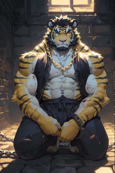 (Chained in a dungeon:1.5),(Wearing tattered ancient costumes:1.5),king,16k high quality detailed art,(Golden Tiger:1.1), (((white and gold fur:1.5))),(Dark and cold two-tone),(a pair of eyes with different colors, one eye has golden pupils and the other e...