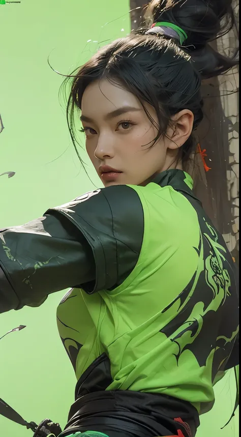 green background，firm eyes，colorful vivid octane render, cybernetic and highly detailed, loba andrade from apex legends, created in unreal engine 5, made in unreal engine 5, trending on unreal engine 5, Antique portraits, Martial arts fantasy style 8k octa...