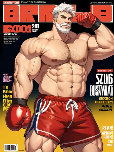 (magazine cover), with text, solo, 1boy, (Huge Muscular Old man as a boxer, wearing boxing gloves , wearing shorts) (short hair, 2tone hair color, two tone hair colors, red and white hair color), pectoral, abnormal muscle size, very big muscle, absurdly mu...