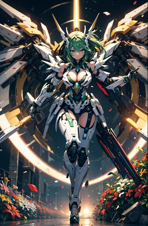 hyper quality、8K quality、High resolution、Image quality taken with a single-lens reflex camera、perfect anatomy、green eyes、triumphant smile、Mecha girl of justice、Beautiful girl with green hair、Mechanical parts with a three-dimensional feel、(Mechanical parts ...