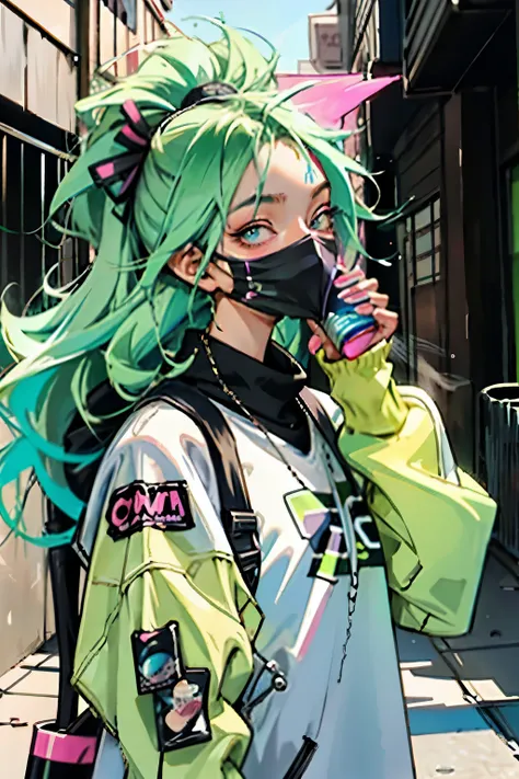 anime slim girl with a cap and a mask, thin face, holding a spray can, green messy hair, street background in neon pink and blue colors, stickers, smirk face, harley vibe, bad girl, very clear smooth face cheeks
